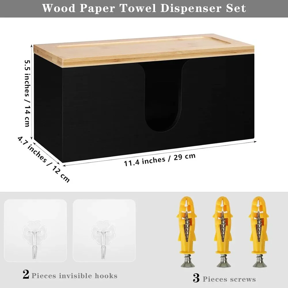 Wall Mount Paper Towel Holder Wood Dispenser Kitchen Napkin Storage Bamboo Top